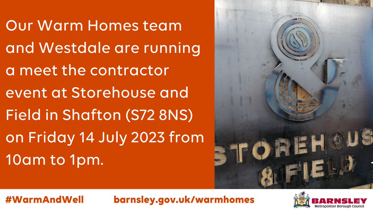 Our Warm Homes team and @WestdaleLtd have an event at Storehouse & Field (S72 8NS) this Friday from 10am-1pm. Westdale install external wall insulation free for qualifying households eligible for insulation grants. See barnsley.gov.uk/warmhomes for more info or call 01226 773366.