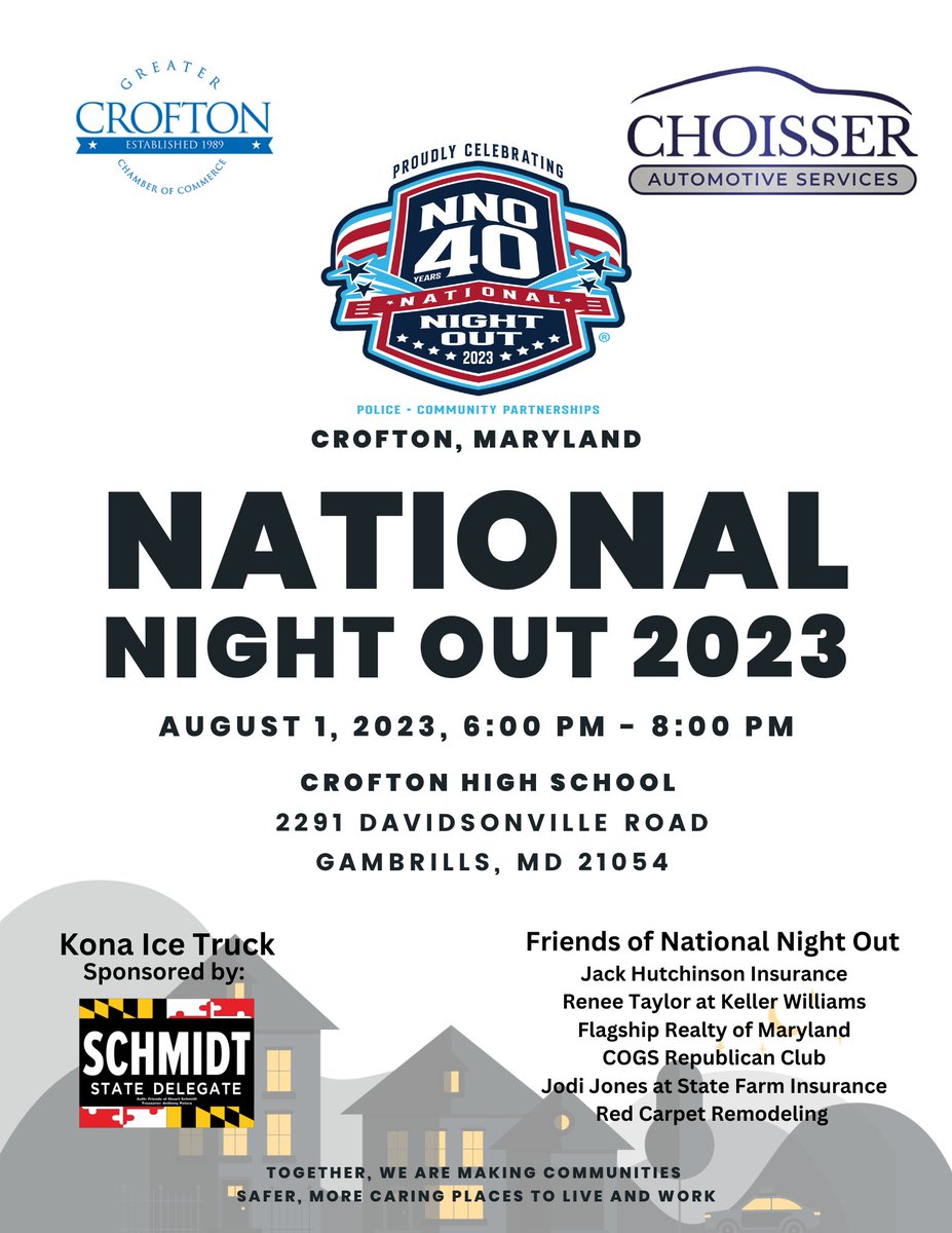 National Night Out is an annual community-building campaign that promotes police-community partnerships and neighborhood camaraderie to make our neighborhoods safer, more caring places to live. 
Thank you to our wonderful 2023 NNO Sponsors!
Title Sponsor: Choisser Automotive
