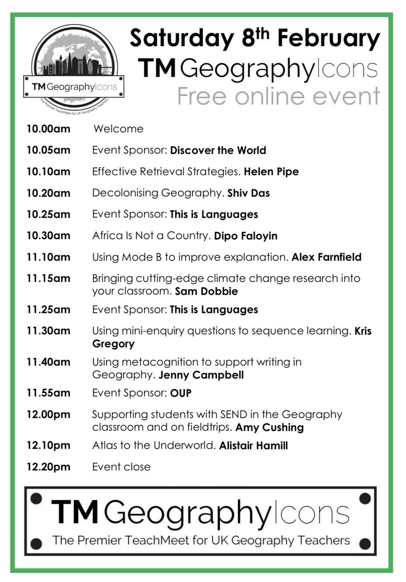 TTRGeog's tweet photo. We our pleased to share our SPEAKER LINE-UP ๐ฃ for our ๐ ONLINE CPD event this Saturday, 10-12.20pm!
@HelenPipe_1 @shiv_teaching @DipoFaloyin @missfarnfield @DobbieTeaches @Resour1Teaching
@JennyCampbell90 @Amy_Geog @lcgeography
Sign-up ๐๐ป#Geography
https://t.co/LCLlG73jrN https://t.co/FrymtWtPHs