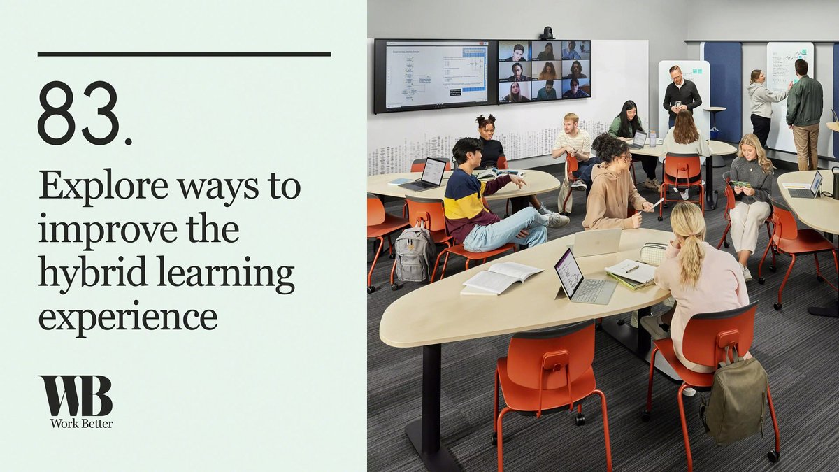 Steelcase's tweet image. Hybrid learning is here to stay. We&apos;re experimenting with new hybrid classroom experiences to identify ways to improve how these spaces work with technology. Read about ideas for designing better hybrid learning spaces. bit.ly/431BQbT

#learning #hybridlearning