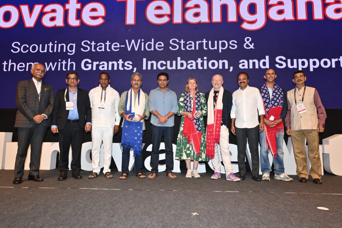 MinisterKTR's tweet photo. IT and Industries Minister @KTRBRS attended and spoke at the 2nd edition of the T-Innovation Summit, titled 'Gladiators of Mind,' held at HICC in Hyderabad. 

The summit, organized by @THubHyd,  is an annual event celebrating and commemorating the inauguration of T-Hub 2.0 and showcasing Hyderabad as the global innovation hub.

On the occasion, Minister KTR, along with Minister @chmallareddyMLA, launched T-Hub's initiative 'Innovate Telangana,' aimed at identifying and accelerating the most promising startups in the State.

The Ministers felicitated prominent speakers at the summit: Louise Leakey, a Kenyan Paleoanthropologist; Anil Seth, a Neuroscientist from the United Kingdom; and Sir Marcus du Sautoy, a Mathematician from the United Kingdom.

#InnovateWithTHub