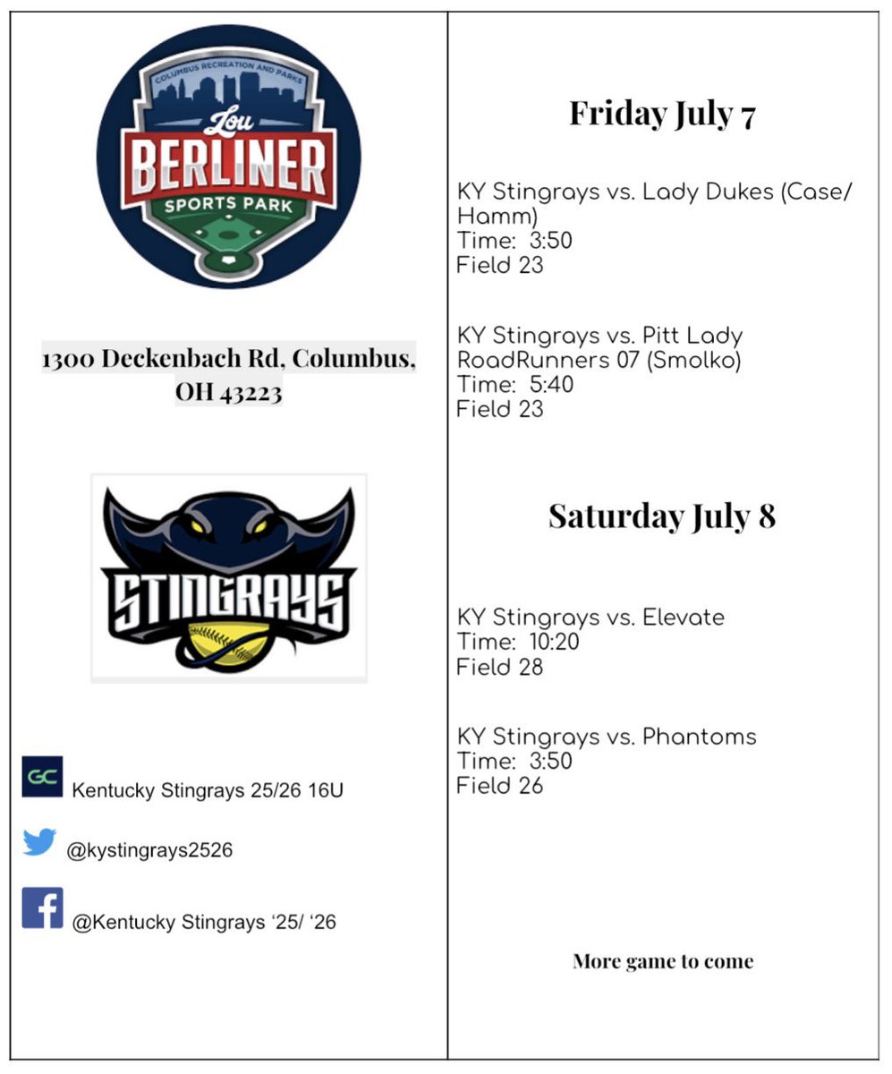 Larkin Mitchell 2025 (@larkinmitchell_) on Twitter photo Come see us this weekend in Columbus at Buckeye Recruit Fest! <a href="/kystingrays2526/">Kentucky Stingray's ’25/’26</a> <a href="/FlyerSoftball/">Dayton Softball</a> <a href="/NKUNorseSB/">NKU Softball 🥎</a> <a href="/TransySoftball/">Transylvania Softball</a> <a href="/USISOFTBALL/">USI SOFTBALL</a> @Coach_TravisSSU <a href="/BelmontSoftball/">Belmont Softball</a> <a href="/CofCSoftball/">Charleston Softball</a> Come see us this weekend in Columbus at Buckeye Recruit Fest! <a href="/kystingrays2526/">Kentucky Stingray's ’25/’26</a> <a href="/FlyerSoftball/">Dayton Softball</a> <a href="/NKUNorseSB/">NKU Softball 🥎</a> <a href="/TransySoftball/">Transylvania Softball</a> <a href="/USISOFTBALL/">USI SOFTBALL</a> @Coach_TravisSSU <a href="/BelmontSoftball/">Belmont Softball</a> <a href="/CofCSoftball/">Charleston Softball</a>