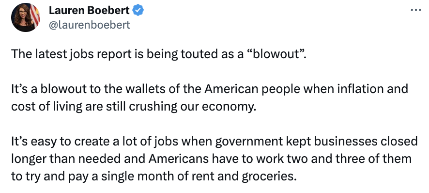 MeidasTouch's tweet photo. Inflation has fallen dramatically and the U.S. has the LOWEST inflation of any G7 nation and the strongest GDP growth.

The ADP jobs report just showed the U.S. added more than TWICE AS MANY expected private sector jobs — a whopping 497,000.

Annual pay rose at a rate of 6.4%.

At a certain point, you just have to acknowledge that Lauren hates watching America succeed.