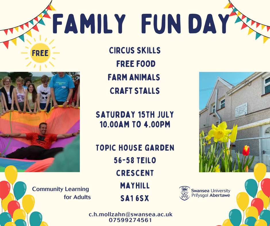📆 Saturday 15 July | 10 am – 4 pm
📍 Topic House Garden

The perfect free family day out, where all are welcome!

🍽 Tasty food
🤹‍♀️ Circus skills
🐷 Farm animals
🖌 Craft stalls

For more information, email C.H.Mollzahn@Swansea.ac.uk | 07599274561
