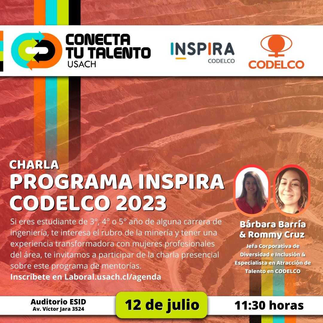 Programa Inspira #Codelco 2023: Postulaciones abiertas hasta el 21 de julio, revisa las bases en la página de Laetitia (lnkd.in/et-NmQVd). #SomosUSACH 🦁
@UsachIngenieria @IIMCh @RIM_Chile @mujeresyciencia