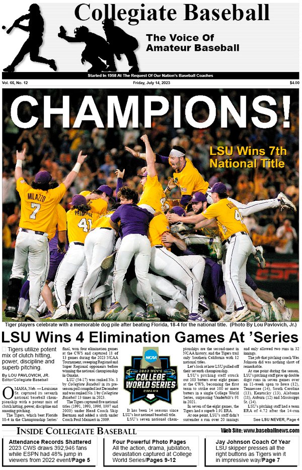 CB's Latest Issue Is Out! How LSU won its 7th national title fueled by power hitting, great pitching and more • 4 powerful photo pages of CWS shot by Lou Pavlovich, Jr. • ABCA honors top coaches, players across USA, plus much more. Go to: baseballnews.com/july-14-2023-c… @LSUbaseball