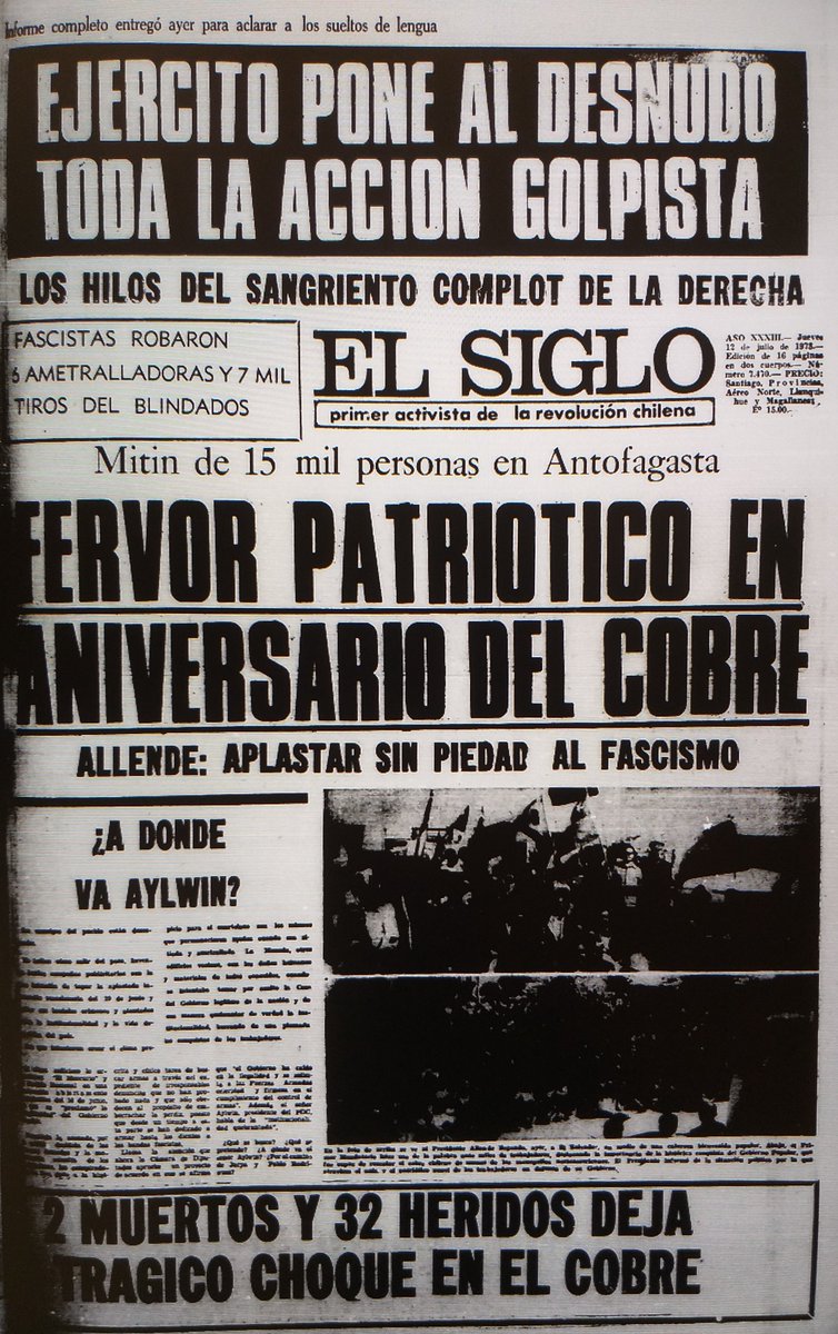 100_diasGolpe's tweet photo. 12.07.1973
El Mercurio: "Aylwin: la institucionalidad democrática está quebrantada".
La Tercera: "Ejército cuenta la verdad del golpe".
Clarín: "¡Iban a secuestrar al presidente Allende!".
El Siglo: "Fervor patriótico en aniversario del cobre".
Repositorio https://t.co/g3Nr2ehmPJ https://t.co/lFXjA5DQuC