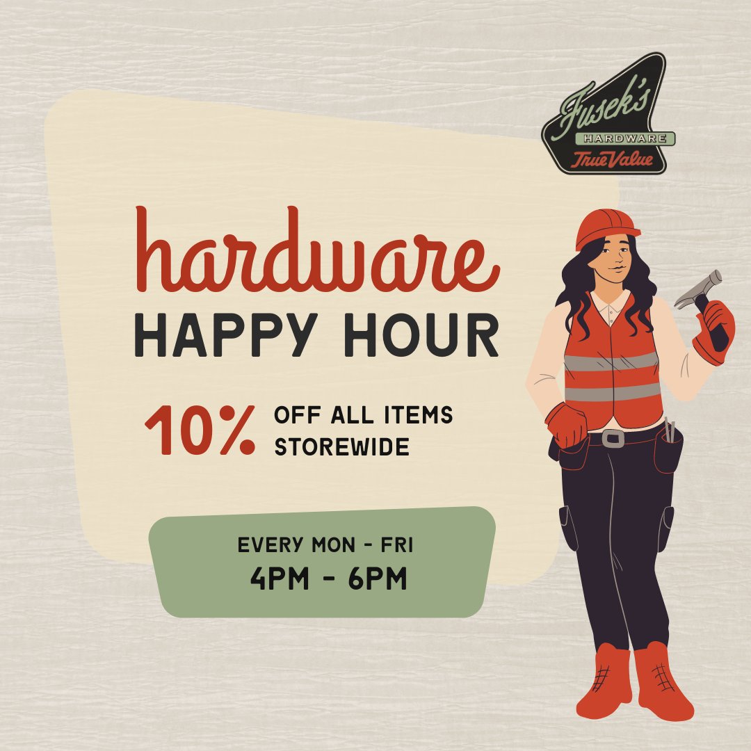 Join us at Fusek's for Hardware Happy Hour every weekday from 4:00pm to 6:00pm and enjoy 10% OFF storewide! 🍻

#FindItAtFuseks 🛠️

#hardwarehappyhour #indysmallbusinessowner  #indianapolisindiana #supportlocal