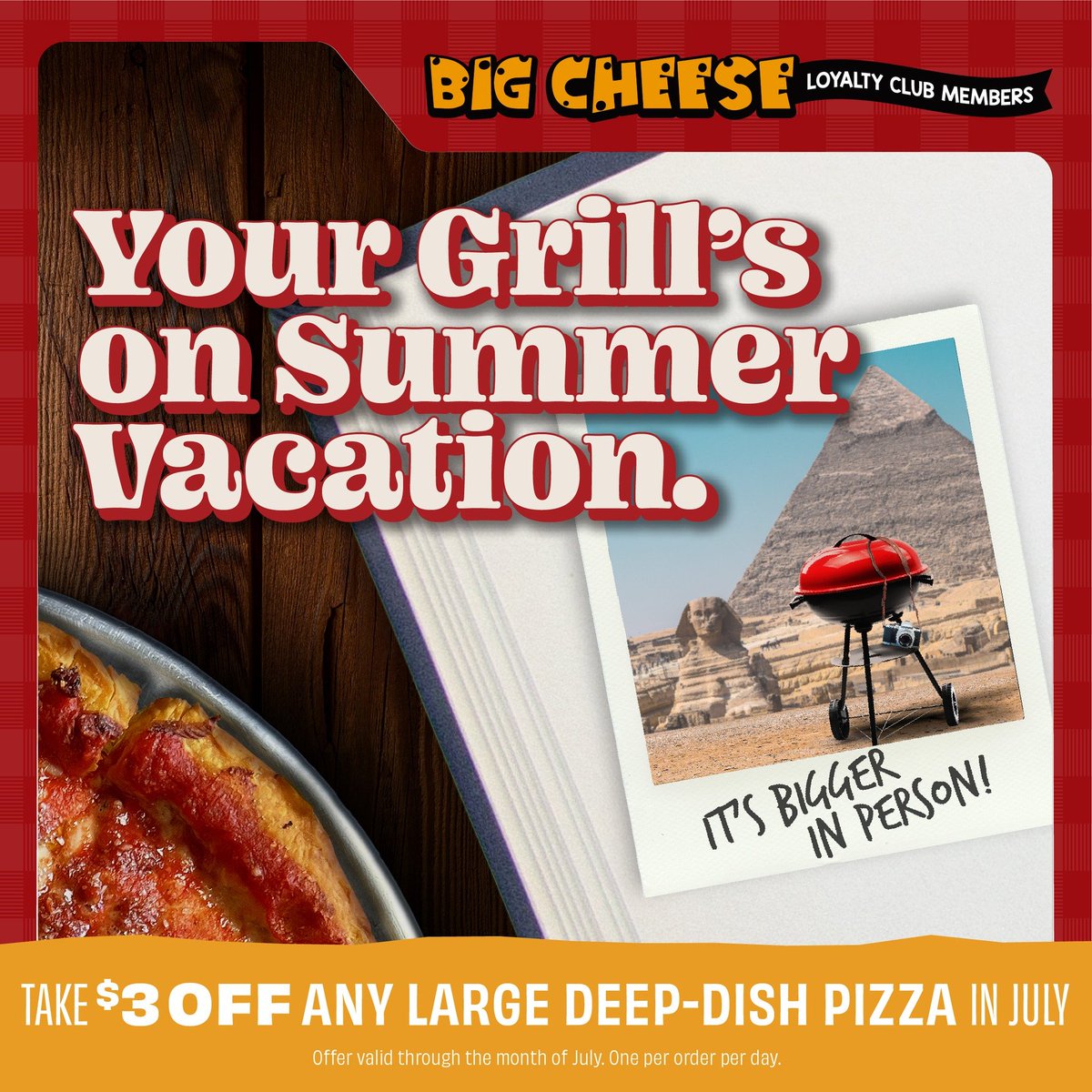 Give your grill some well-earned PTO and fire up our ovens instead! All month long, Big Cheese Loyalty members can take $3 off any large deep-dish pizza. Order online, by phone, or on our app. #BigCheese #BeggarsPizza #eeeats