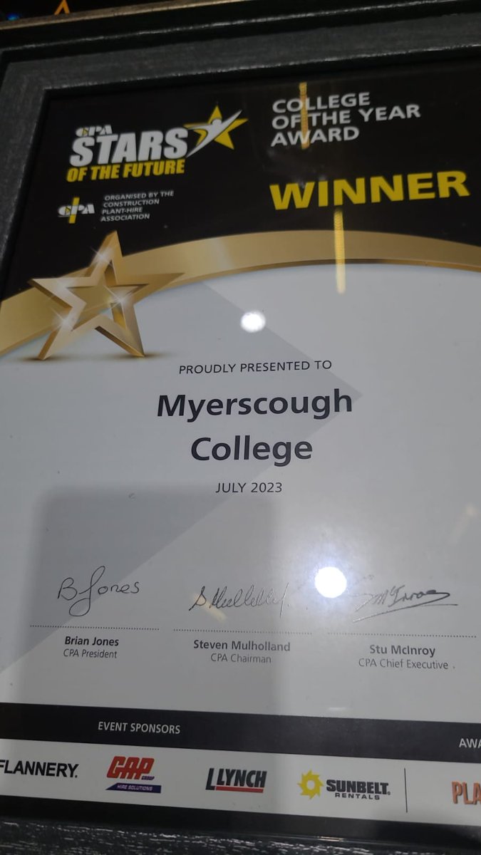 Only just gone won College of the Year @CPA_Planthire Stars of The Future Awards 🙌😎 Amazing work Diane @DianeMoloney2 and team @MyerscoughColl #skills #education #apprenticeships