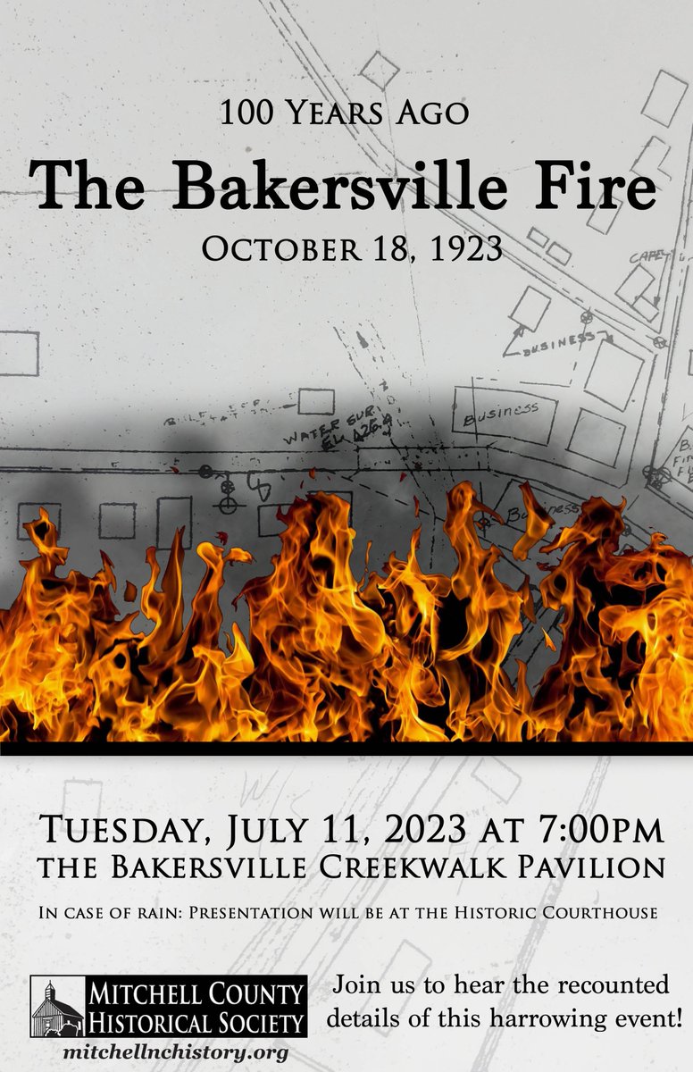 mitnchist's tweet photo. Join us next Tuesday, July 11 at 7:00pm at the Bakersville Creekwalk Pavilion for a presentation on the Bakersville Fire of 1923. https://t.co/aNzMueASgM