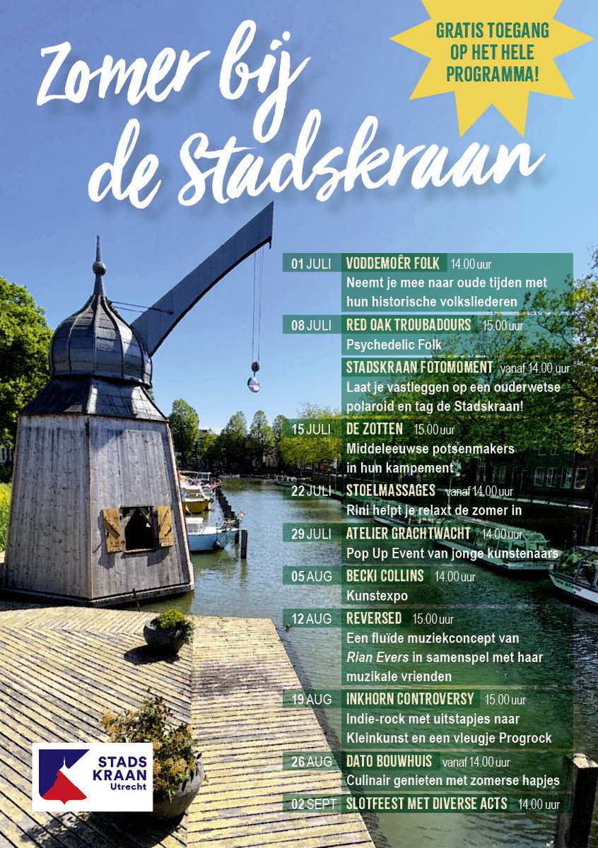 Het zomer☀️ programma bij de @stadskraan_utrecht !!! Alle activiteiten vinden plaats op een zaterdag en zijn gratis bij te wonen 🙌🏻 
.
#utrecht #activiteiten #feest #zaterdag #zomer #zomerprogramma