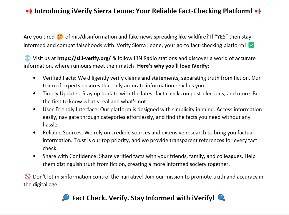 SLAJ_Salone's tweet photo. We are happy to share that our iVerify platform supported by @UNDPSierraLeone, @IRNSalone, @bbcmaSL, @EUinSierraLeone, @IrlEmbFreetown, @CanadainSL &amp; @IcelandDevCoop has #factchecked 100+ #elections related stories in #SierraLeone.

@eueomsl2023 

More: https://t.co/HEV1gdGfOd https://t.co/xgoUMuiq02