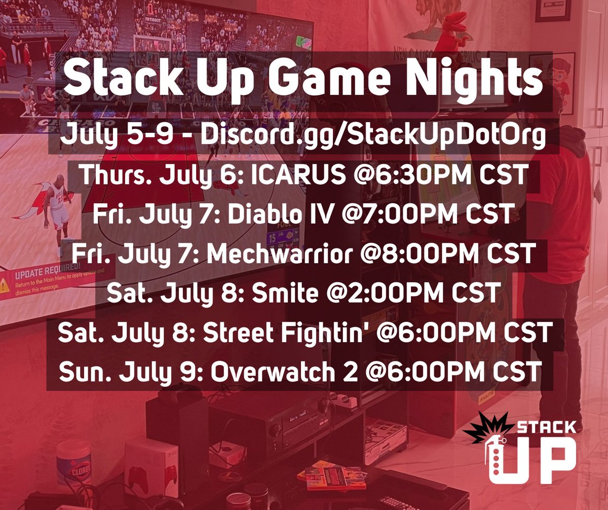 Stack Up (@stackupdotorg) on Twitter photo We've updated our Game Nights for this weekend. We've had 3 new ones added for this weekend. 
Looks like we have ICARUS, Diablo IV, Mechwarrior, Smite, Fighting games, and Overwatch 2 on our slate. We've updated our Game Nights for this weekend. We've had 3 new ones added for this weekend. 
Looks like we have ICARUS, Diablo IV, Mechwarrior, Smite, Fighting games, and Overwatch 2 on our slate.