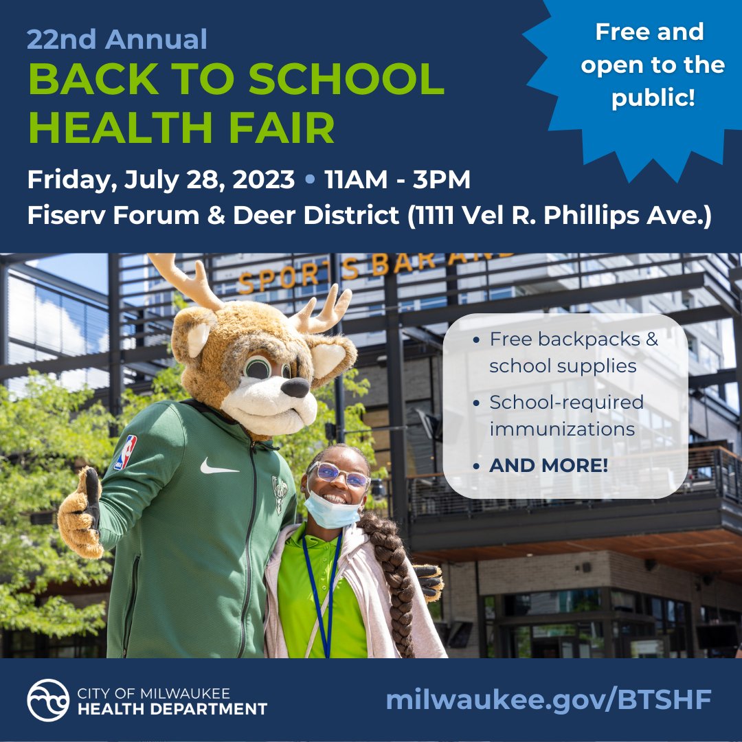 The Milwaukee Health Department is excited to announce the 22nd Annual Back-to-School Health Fair!  Join us for a day of family fun and healthy habits on Friday, July 28, from 11 a.m. to 3 p.m. at Fiserv Forum &amp; the Deer District. 👉milwaukee.gov/BTSHF

#Milwaukee #HealthFair