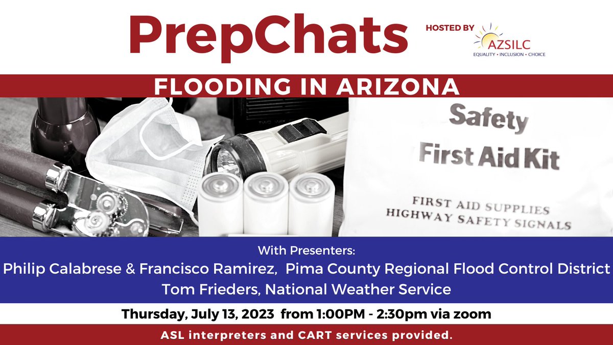 WHAT: AZSILC #PrepChat: Flooding in Arizona

WHEN: Thursday, July 13, 2023 at 1:00 PM

WHERE: Virtual - Register here: bit.ly/41Ayehw

ASL &amp; CART provided.

#EmergencyPreparedness #EmergencyPlanning #DisasterPreparedness #DisasterPlanning
