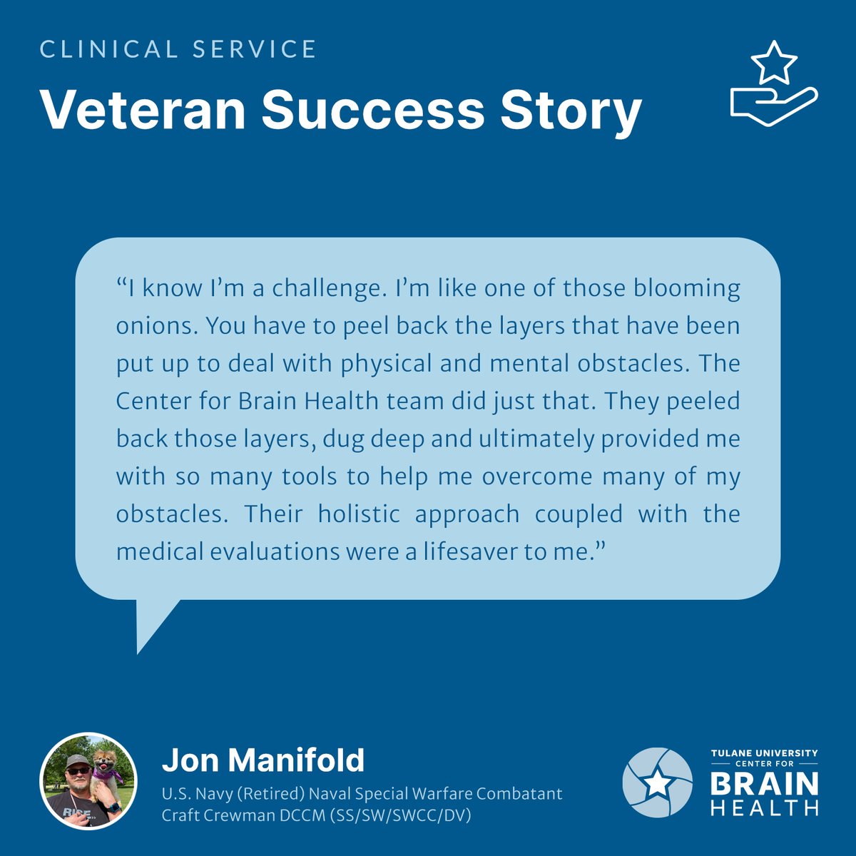 ⭐️🪖 VETERAN SUCCESS STORY: JON MANIFOLD 🪖⭐️

Jon Manifold, U.S. Navy (Retired) Naval Special Warfare Combatant Craft Crewman DCCM (SS/SW/SWCC/DV), on his experience with our Veteran care program. ⬇️

#VeteranCare #TBI #BrainInjuryAwareness #VeteranSupport