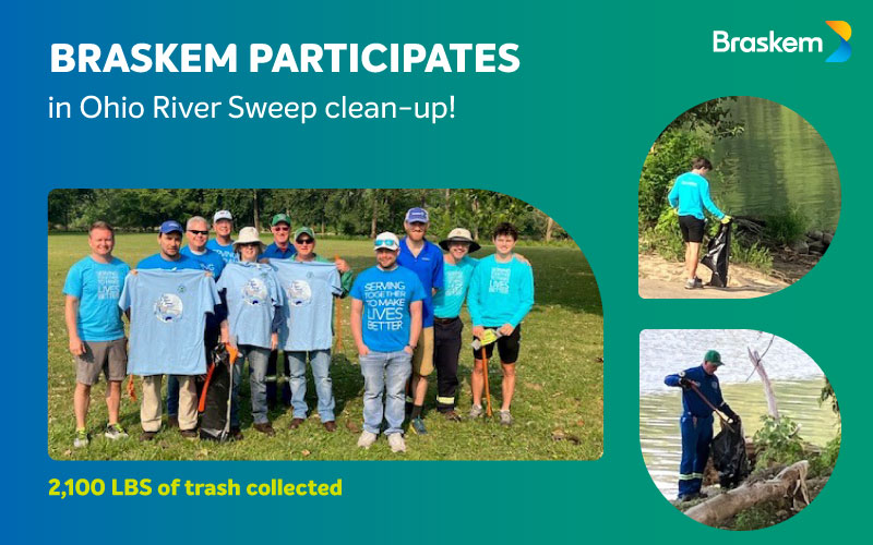 braskem's tweet photo. June is continuing to be an impactful month for Braskem as our team in West Virginia participated in an Ohio River Sweep clean-up event along with other partners and collected over 2,100 pounds of trash!

#cleanup #braskem #sustainability #ecosystem https://t.co/DbkmffNIe1