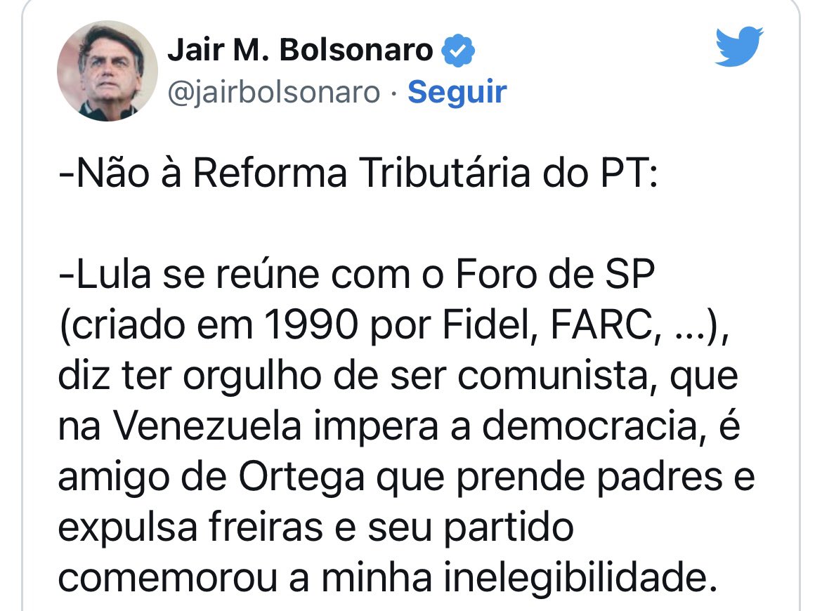 Absurdo o genocida não ter argumentos técnicos para ser contrário à reforma tributária. Eis os seus motivos 😂