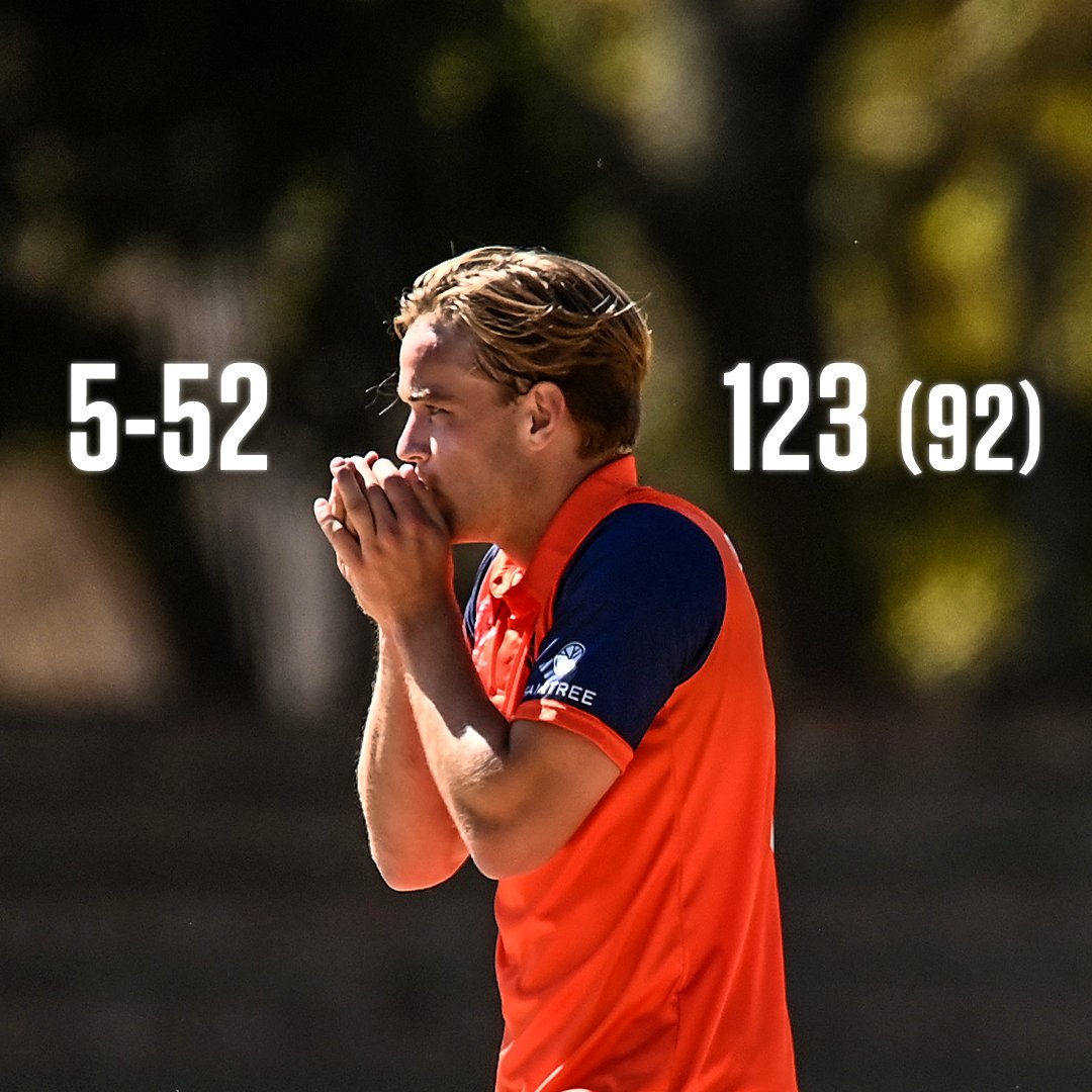 One of four cricketers to score a century and take a five-wicket haul in the same men's ODI, and what a time Bas de Leede chose to do it #SCOvNED #CWC23