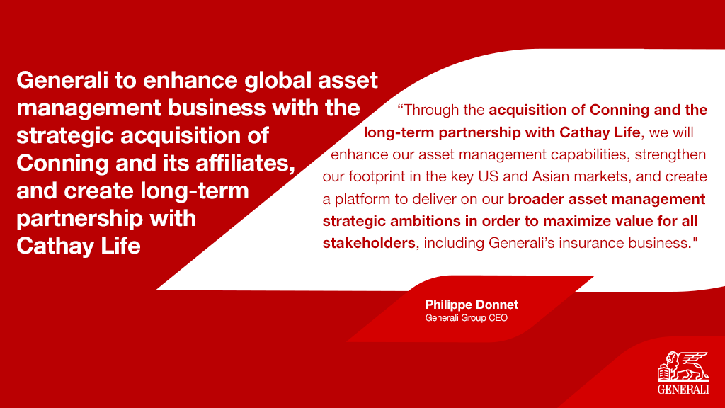 GENERALI's tweet photo. Generali acquired Conning Holdings Limited (CHL), a leading global asset manager for insurance and institutional clients, from Cathay Life.
Generali and Cathay Life will establish a long-term partnership.
Discover more: https://t.co/kQQ6fnBw4t
#LifetimePartner24 #assetmanagement https://t.co/CvaSpLuG11