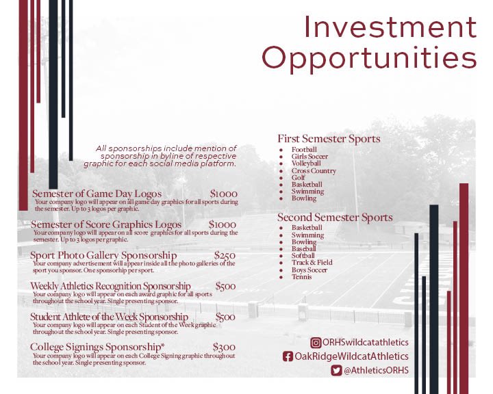 Here’s the 2023-2024 ORHS Sports Media Advertising Guide. Proceeds fund gear for ORSM: cameras, lenses, bags, laptops, SD cards, card readers. 

Contact ORHS Sports Info Director Allen Etheridge (aetheridge@ortn.edu) or ORSM Sponsor Joey Moseley (jsmoseley@ortn.edu) for more info