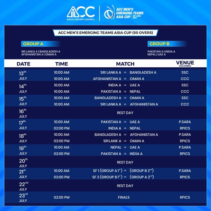 Umpire_View's tweet photo. Emerging Asia cup schedule had been out by Asian Cricket council 🤩🤩😍🔥🔥🔥

India A vs Pakistan A - 19th July (2pm)

#ACC #asiancricketcouncil #AsianGames https://t.co/cAAcJThcl5