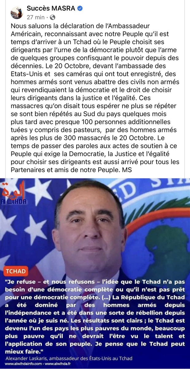 Succes_MASRA's tweet photo. ✅We welcome the statement of the U.S. Ambassador #Laskaris, recognizing with our People that it is time to have a Chad where the People can choose their leaders through the ballot box of democracy rather than the weapon of some groups who confiscated power for decades.
✅On October 20, 2022, in front of the U.S. Embassy and its cameras that recorded everything, armed men came to shoot down unarmed civilians who demanded democracy and the right to choose their leaders in justice and equality.
✅These massacres, which we hoped would never happen again, were repeated in the south of the country a few months later, with almost 100 more people killed, including pastors, by armed men after more than 300 were massacred on October 20.
✅The time to move from words to acts of support for these People who demand Democracy, Justice, and equality to choose their leaders has also arrived for all the Partners and friends of our People. M.S
#FromRethoricToActionForDemocracy
#Chad #Africa @SecBlinken @POTUS @WhiteHouse