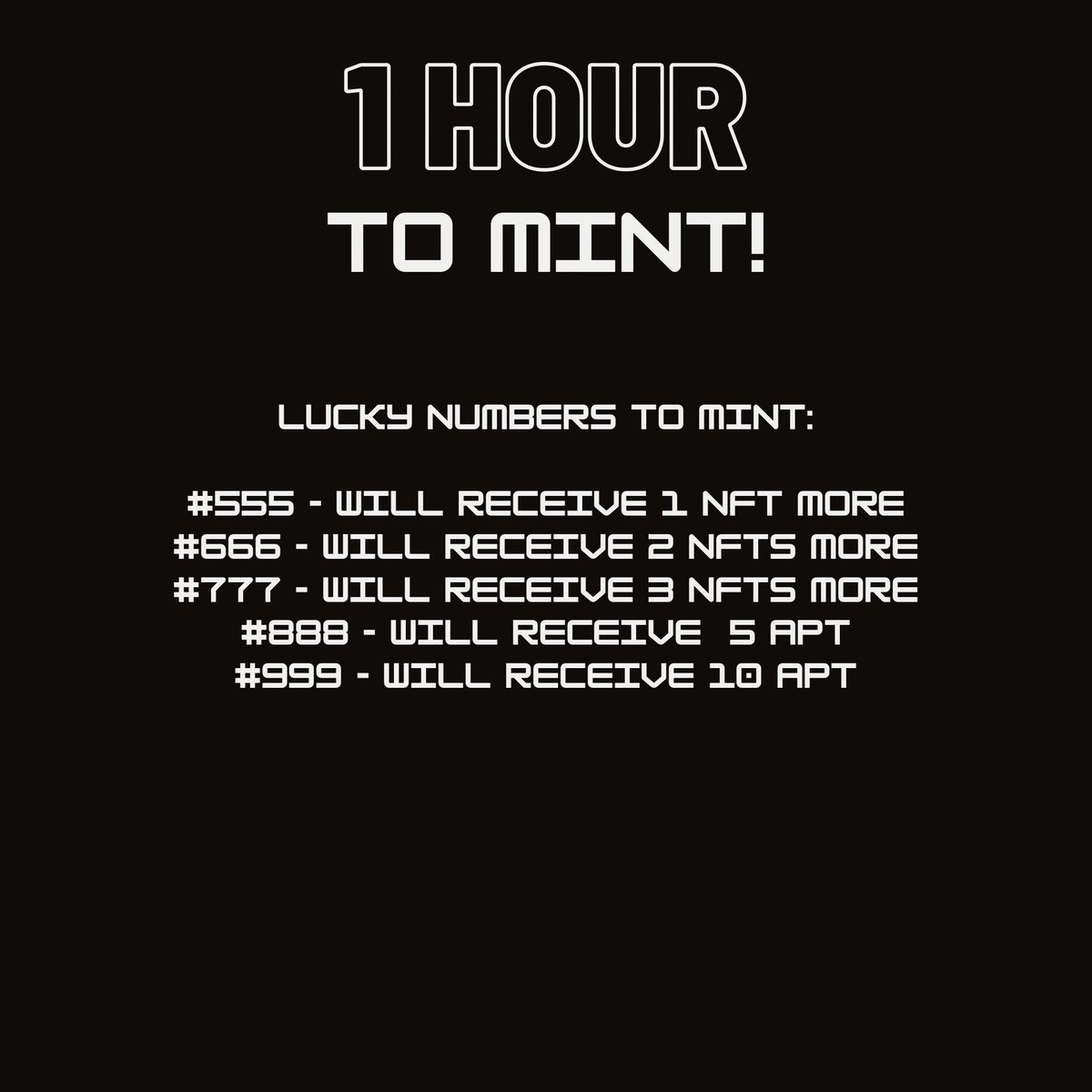 brdsnft's tweet photo. 1 hour to mint!
Lucky numbers here!
#apt #aptos #nft #moveboardsnft https://t.co/rSUtQf8hdq
