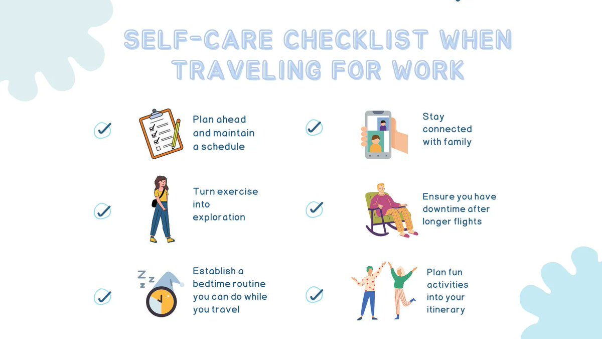 It can be difficult finding balance amidst the hustle. To stay mentally healthy on the go try this vital self-care checklist to nurture your mind, body, and soul when travelling for work. 
#mentalhealth 
#workplacementalhealth #selfcare #travel #worktrips #stressmanagement #yeg