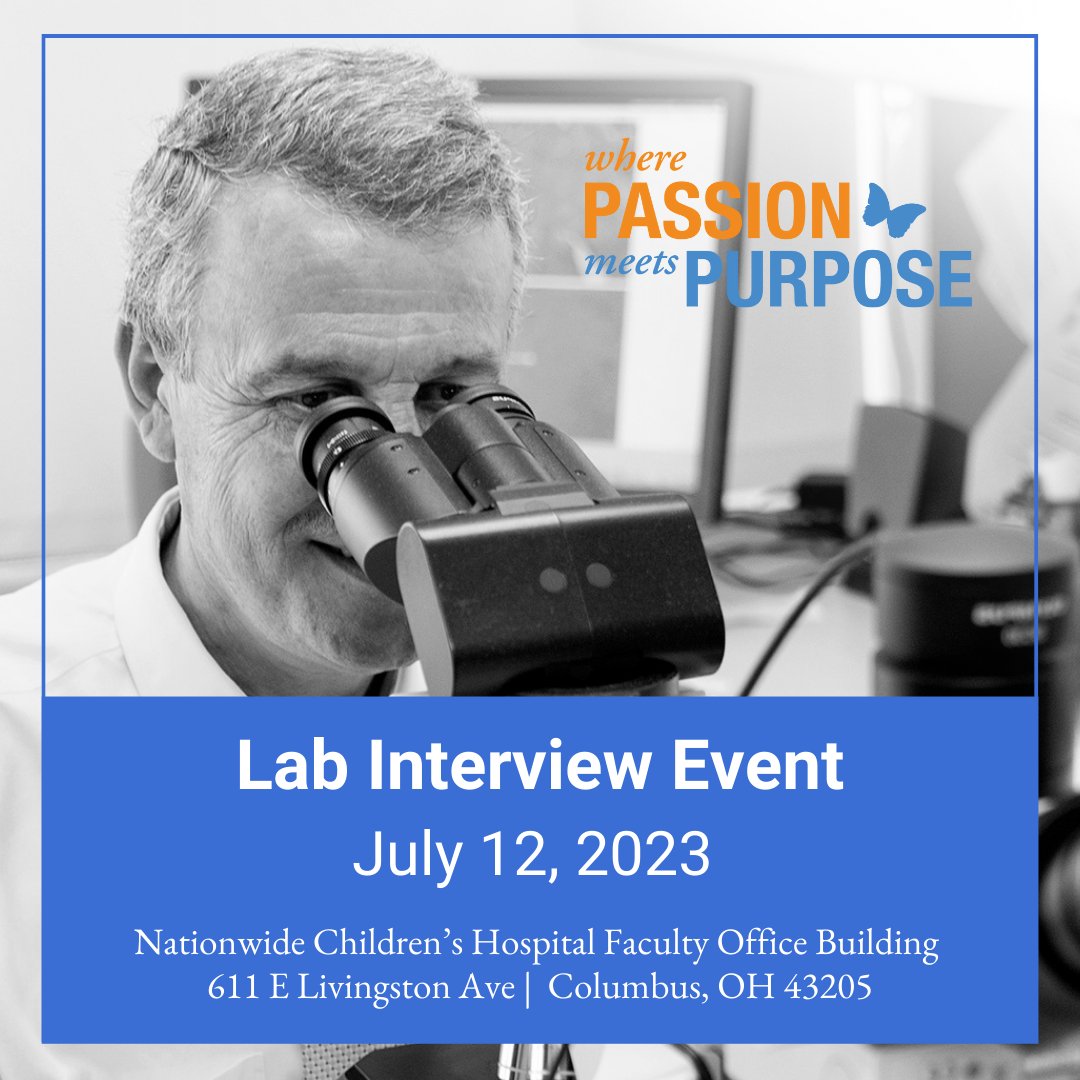 Join us on July 12 to learn about working at Nationwide Children’s and interview with Lab Services managers! We're hiring medical lab assistants, lab technicians, and lab technologists to join our growing team. 

Register at bit.ly/3pzNygm #JoinNCH