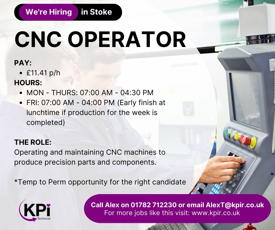 **CNC OPERATOR** Stoke-on-Trent. £11.41 p/h. Please call 01782 712230 or email AlexT@kpir.co.uk to apply!
Visit bit.ly/KPIindjobs for MORE Jobs!
#CNCJobs #IndustrialJobs #OperatorJobs #StokeJobs #StokeOnTrentJobs #CreweJobs #StaffordJobs