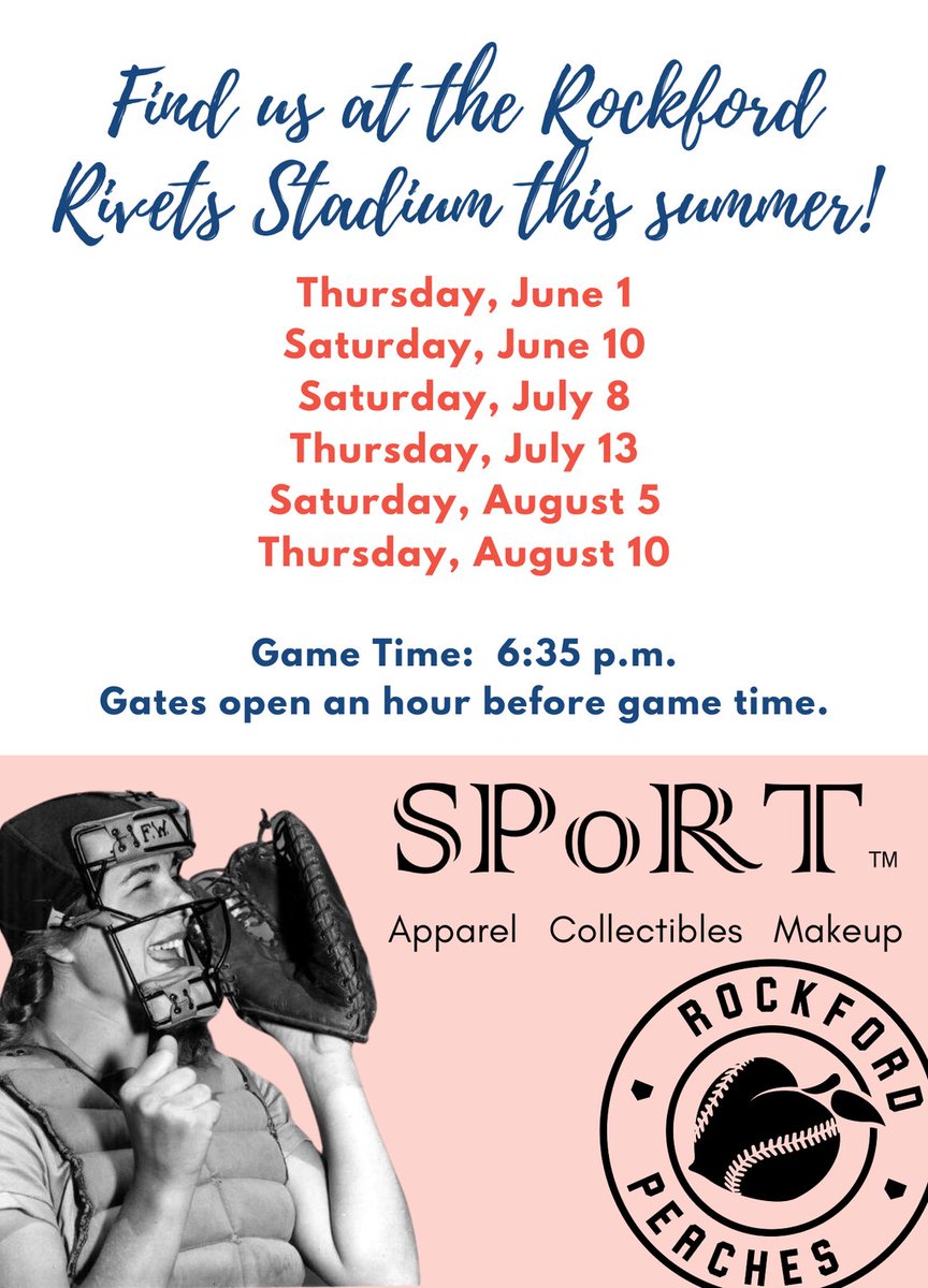 RFDPeaches75's tweet photo. We're celebrating the 80th Anniversary of the Rockford Peaches with 20% off everything SPoRT at our booth at the Rockford Rivets Stadium. See you tonight! #GoPeaches #GoRivets #ALOTO https://t.co/P1da5qU5hU