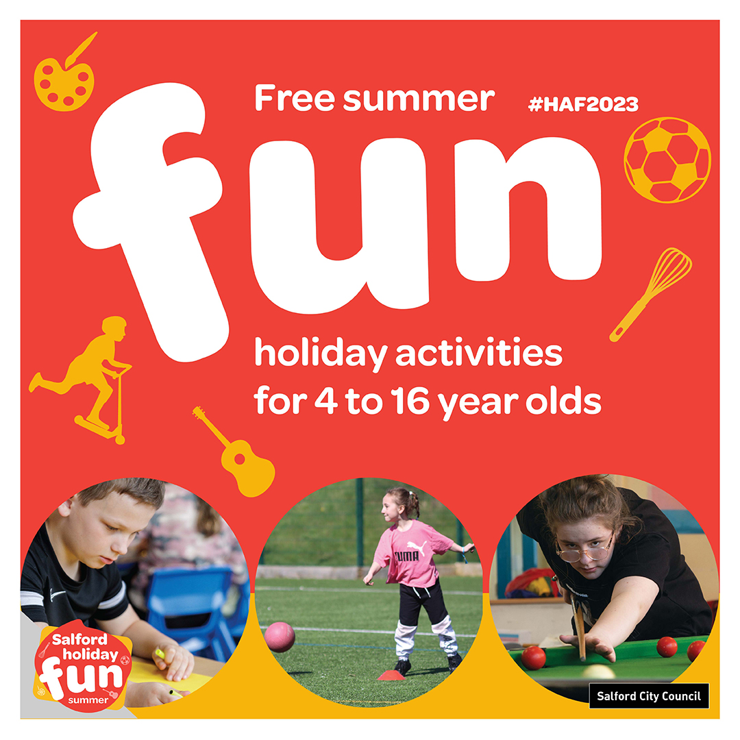 SalfordCouncil's tweet image. We’re delighted to be taking part in Salford’s Summer Holiday Activity and Food programme. Find out more at orlo.uk/4Ymzu #HAF2023 #SalfordSummerOfFun