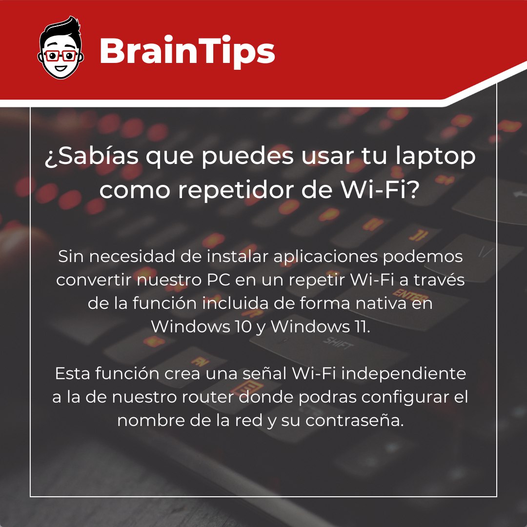 BrainGeekHN's tweet image. Te compartimos un BrainTip para darle un uso adicional a tu PC con el que podrías ampliar la cobertura de tu red Wi-Fi. 
 
¿Ya lo conocías? Si no pruébalo y nos cuentas qué tal te funcionó ✌

#braingeekhn 
#braintips 
#itsupport
