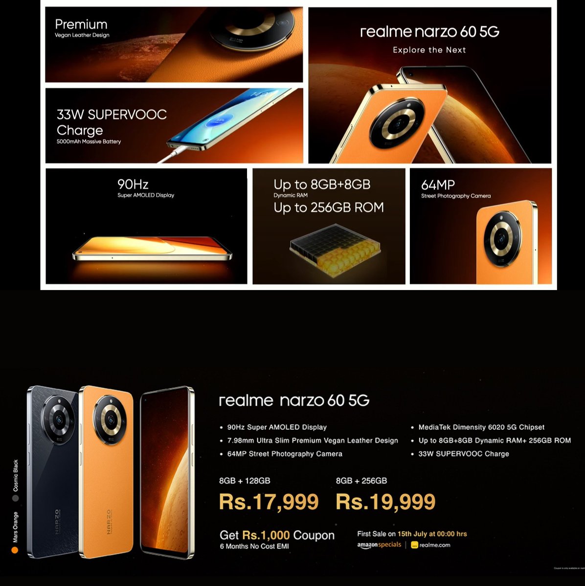 AlbinJoseRobin's tweet photo. realme Narzo 60 launched in India

6.4" FHD+ sAMOLED display 1000nits
90Hz refresh rate, Gorilla glass 5
Dimensity 6020
LPDDR4X, UFS 2.2
Android 13
64MP+2MP rear
8MP front camera
5000mAh battery 33W charging
7.98mm thick
183g
3.5mm audio jack

Price:₹17,999

#realme https://t.co/Ig0D8dapRI