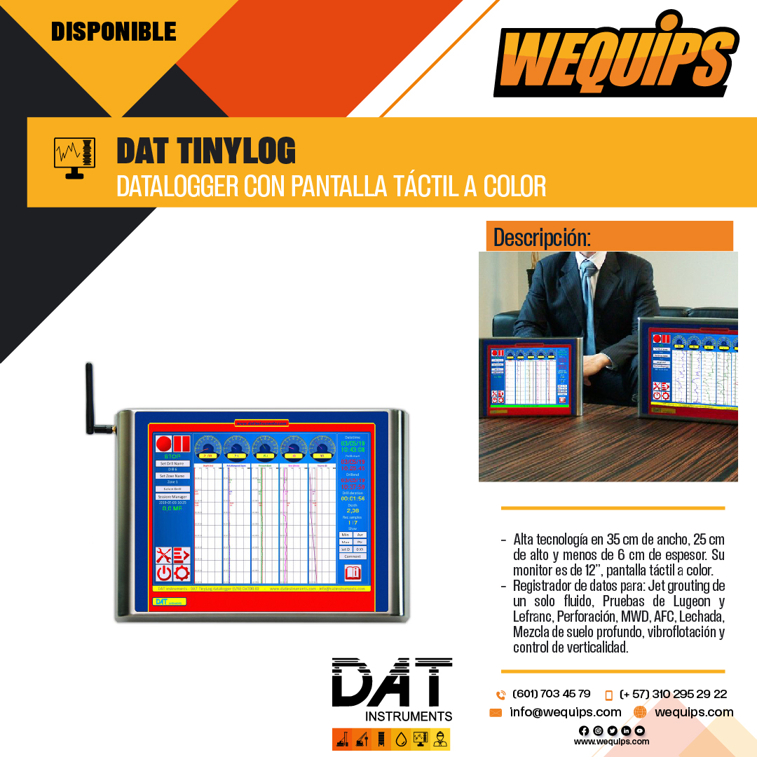 wequips's tweet image. Alta tecnología en 35 cm de ancho, 25 cm de alto y menos de 6 cm de espesor. Su monitor es de 12”, pantalla táctil a color.
#datalogger #lugeontest #dataloggerlugeon #drilling #grouting @DATinstruments