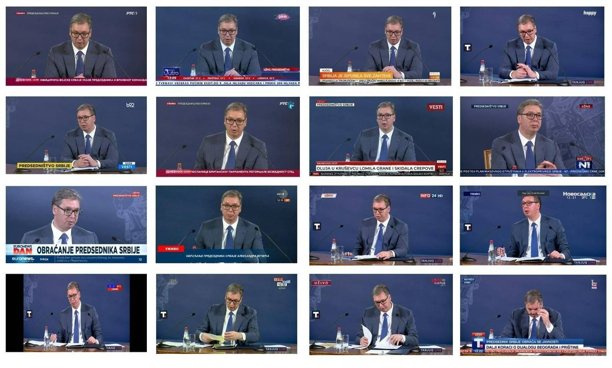 Media pluralism in Serbia.

That’s what you saw today, Thursday the 6th of July, when turning on the TV: Vučić on all channels at the same time talking about Kosovo. 

Photo source <a href="/CRTArs/">CRTA</a>
