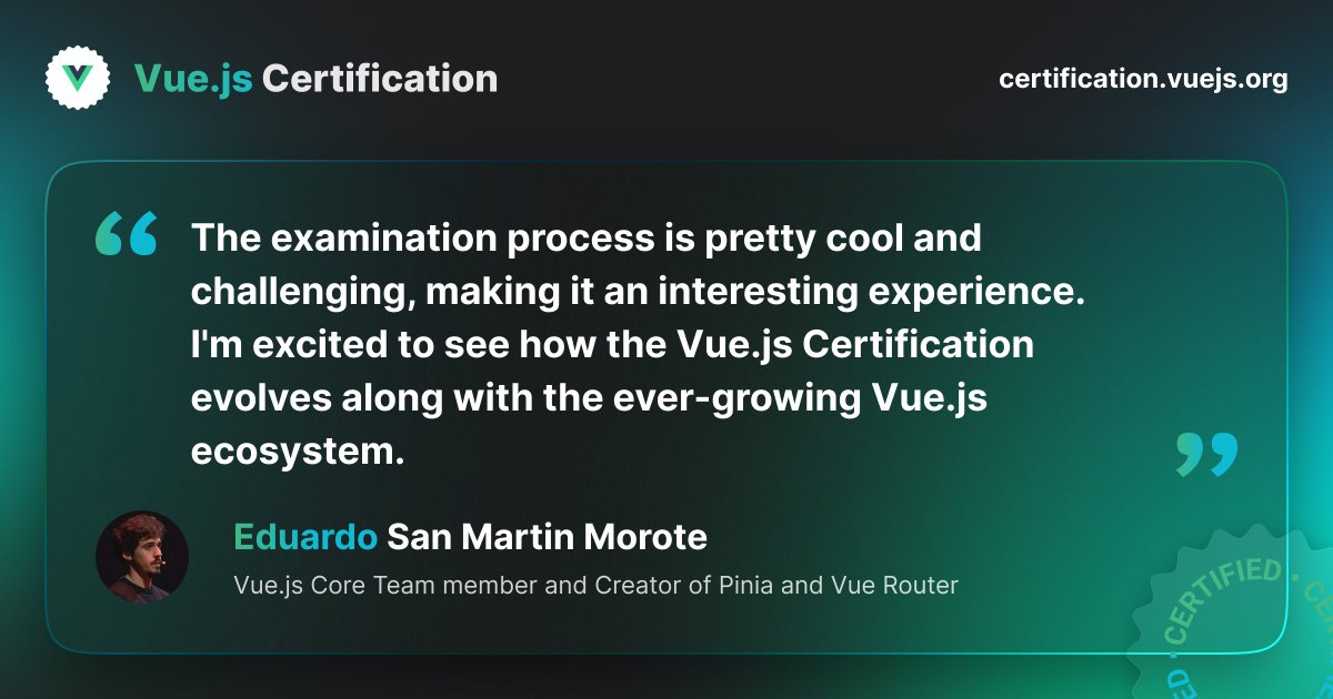CertificatesDev's tweet image. Exciting News!
We got feedback from @posva, Core Team Member for @vuejs, on his beta testing of the examination product.
Be part of that and get certified
certification.vuejs.org
#vuejs #vuejscertification