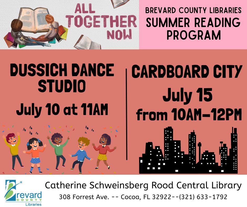BrevLibraries's tweet image. Check out these programs at the Catherine Schweinsberg Rood Central Library! Dussich Dance Studio on July 10 at 11am and Cardboard City on July 15 from 10am-12pm. #BrevardLibraries #SpaceCoastKids #CSLPreads #SummerReadingProgram #Cocoa #SRP2023