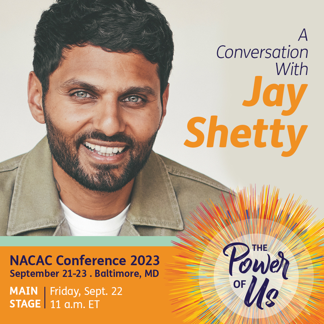 NACAC's tweet photo. ANNOUNCEMENT: @jayshetty, NY Times best-selling author 📚, purpose coach 🎯, former monk, and host of the #1 health and wellness podcast 🎙️, "On Purpose," will be featured on the main stage at #NACAC Conference 2023 on Friday, Sept. 22. https://t.co/R4fziT9new #NACAC2023 https://t.co/pbLyDNadvd