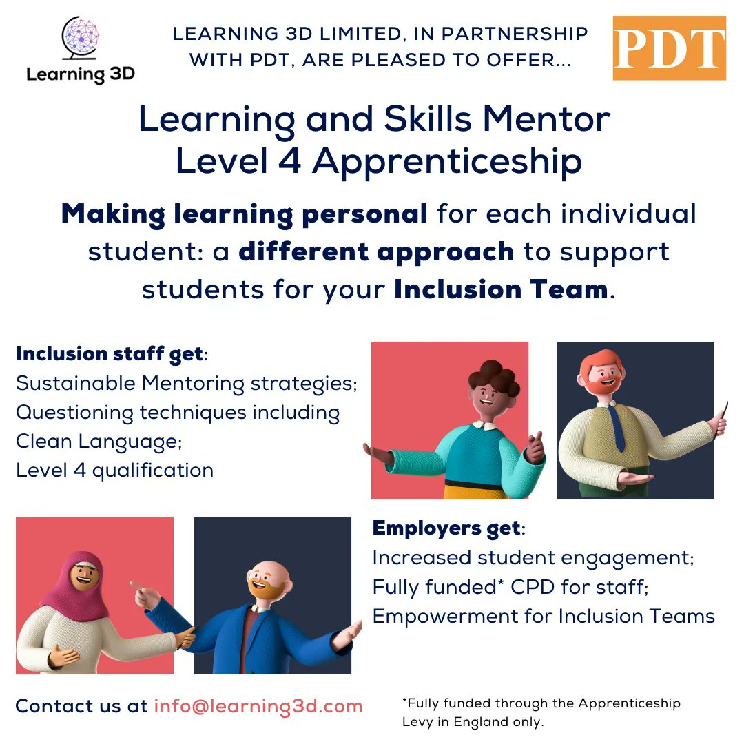 Building a model of education that supports every learner can start your inclusion staff. Talk to us today about supporting them with a FREE* Level 4 Apprenticeship as a "Learning and Skills Mentor" for students. 

To apply or find out more, head here =&gt; buff.ly/3rfJhPF