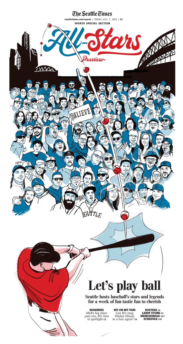 seattlesketcher's tweet photo. My illo for the @seattletimes All-Star Preview Section cover will be in the paper tomorrow! Our of several hundreds of photos submitted, I managed to draw 93 fans, representing the 93 years of the All-Star game. Hope you like the result and sorry if you didn’t make it in! https://t.co/F7NQzSdvqz