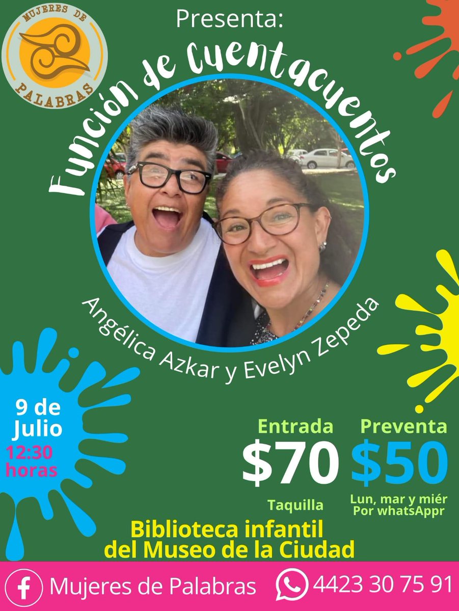 Función de Cuentacuentos 📚
✨ Angélica Azkar y ✨ Evelyn Zepeda
📅 9 julio, ⏰ 12:30 h
🎟 Entrada $70 pesos por persona
Te esperamos en la Biblioteca Infantil Museo de la Ciudad #MCQRO