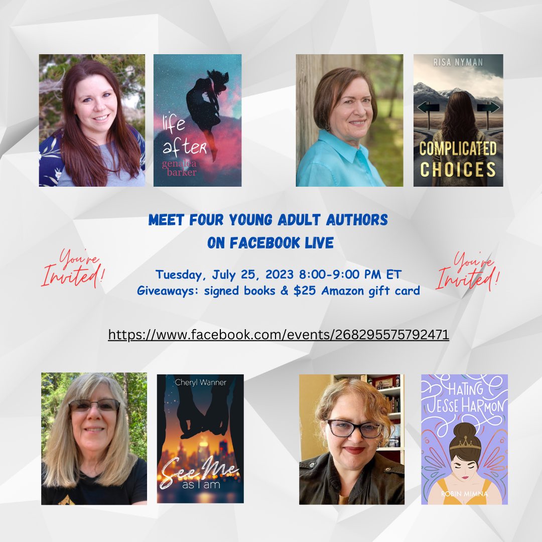 WannerCheryl's tweet photo. Join me, @genalea_barker, and @genxrescue with hostess @risanymantweet for a YA author Facebook live event (including signed book giveaways and a $25 Amazon gift card)! Details below:

@Immortal_Works #writingcommunity @2023Debuts #ya #yalit #turtlewriters #yaauthors #yafiction https://t.co/yMtSa07Pt6