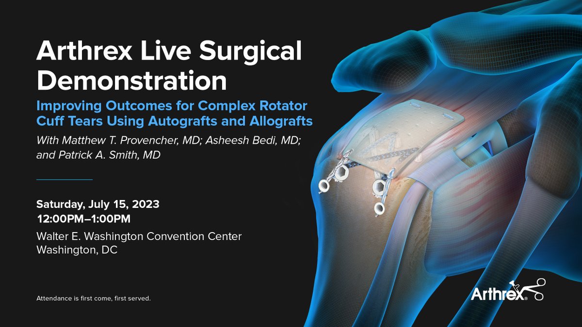 ArthrexMedEd's tweet image. Are you attending #AOSSM2023? Join us at the OLC mobile lab for “Arthrex Live Surgical Demonstration: Improving Outcomes for Complex Rotator Cuff Tears Using Autografts and Allografts.” In this live cadaveric surgical demonstration, faculty will perform multiple techniques in the…