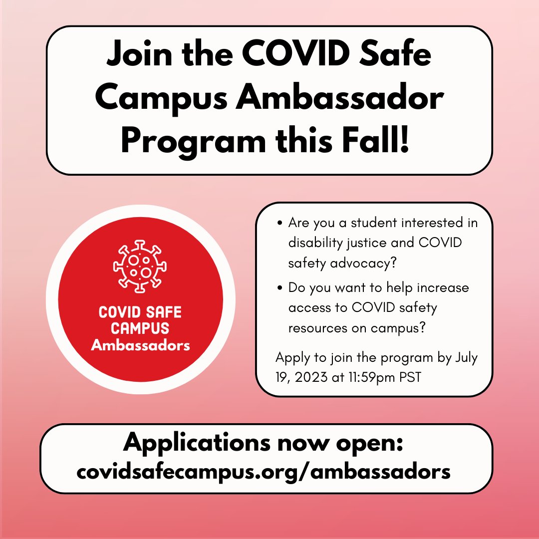 Calling all students interested in disability justice and COVID safety advocacy: 
Want free masks for distro, support for your advocacy, + a nationwide community to join?

Consider applying to the CSC Ambassador Program!

RT to help us reach more students! covidsafecampus.org/ambassadors