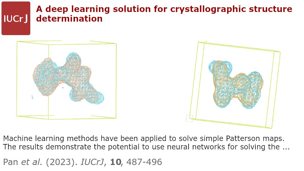 IUCrJ's tweet image. Deep learning for structure determination @IUCrJ doi.org/10.1107/S20522… @RiceUNews @RiceCompSci @RiceNatSci @RiceUIBB @ChemistryRice @WelchFoundation @NSF #BIO @AmazonScience @MSFTResearch #structureprediction #crystallography #deeplearning @IUCr #openaccess
