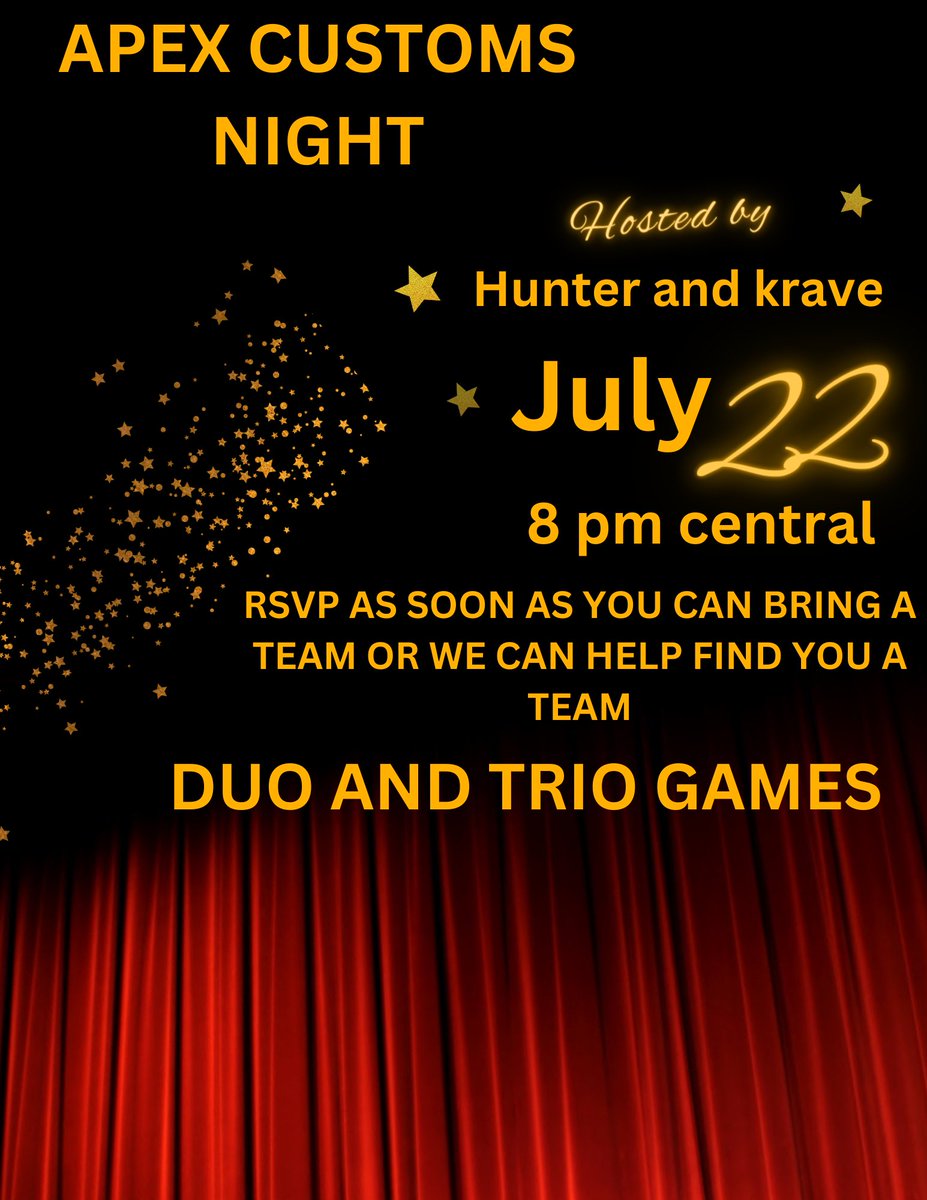 The_hunter2212's tweet photo. CALLING ALL APEX PLAYERS hunter and @HollowKooter  present to you apex customs we will be doing both trios and duos it's a night to meet friends and chill with old ones bring your team if you want let us know ahead of time if you can @itzGoonGaming https://t.co/2KMgd8Mj14