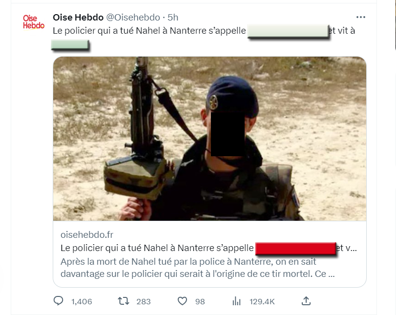 BlemontD's tweet photo. Le mĂ©dia en ligne « Oise hebdo », sâaffranchissant de la loi, a donnĂ© le nom du policier incriminĂ© et la ville oĂč il habite et a publiĂ© sa photo.
On livre en pĂąture la famille du policier aux vengeances de fous furieux.
Lâaffaire Samuel Paty nâaura pas suffi⊠https://t.co/k6bUPAzaFm
